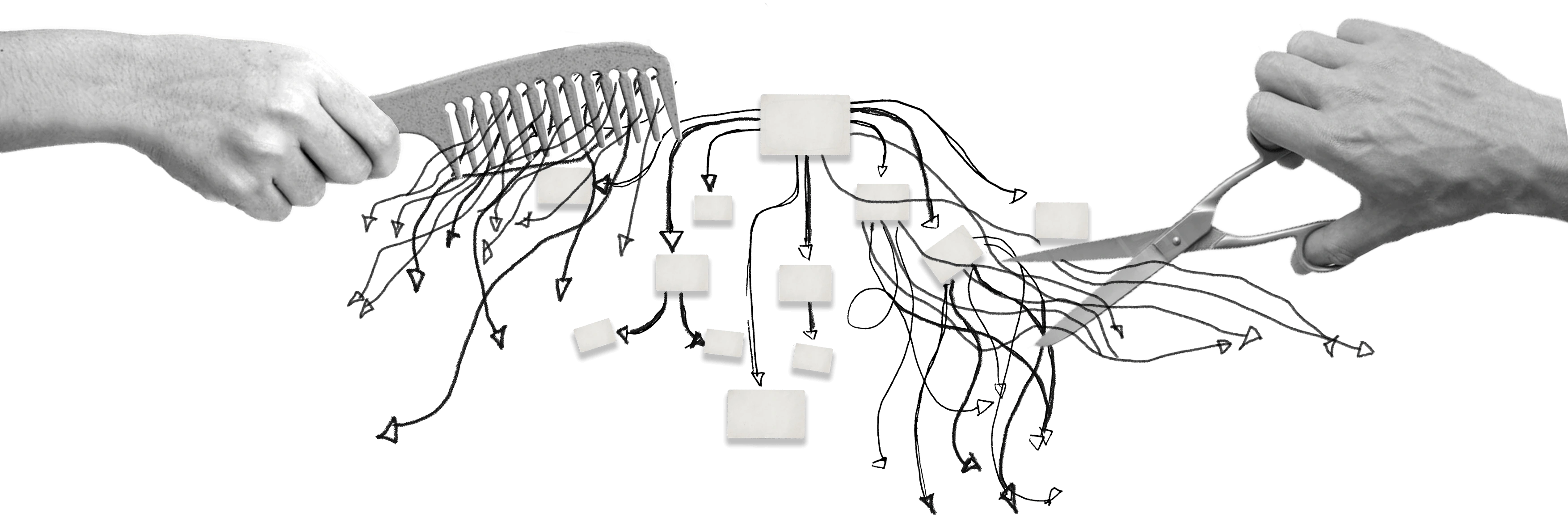 A left hand holding a comb and a right hand holding scissors, with a tangled flowchart of boxes and arrows between them