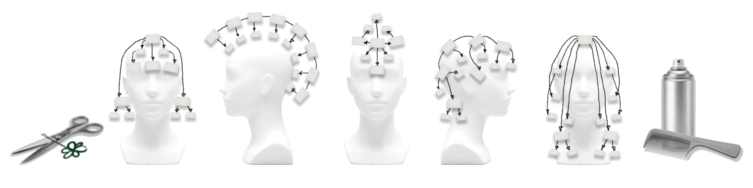 Four mannequin heads with electrode-like node maps, a pair of scissors, a flower, a comb and a spray bottle