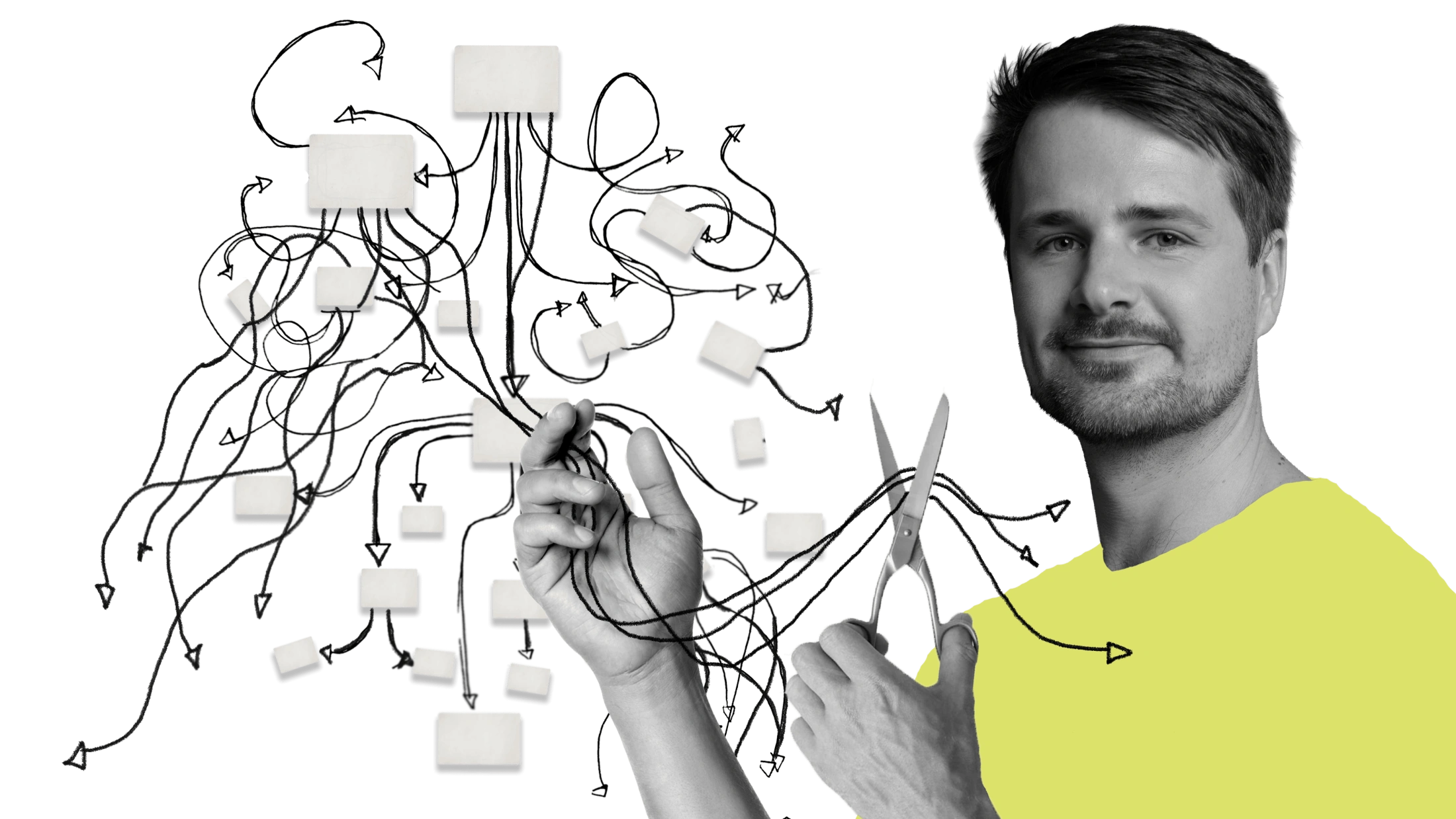 Portrait of Jaanus with a geometric network of nodes around him